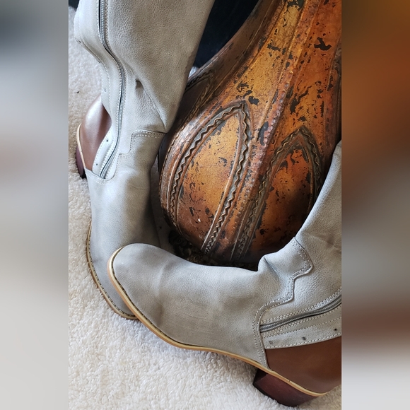 Yaoye Women's Sz 43 - Grey/Brown leather calf boots NIP - #41-T💛 - Picture 3 of 11
